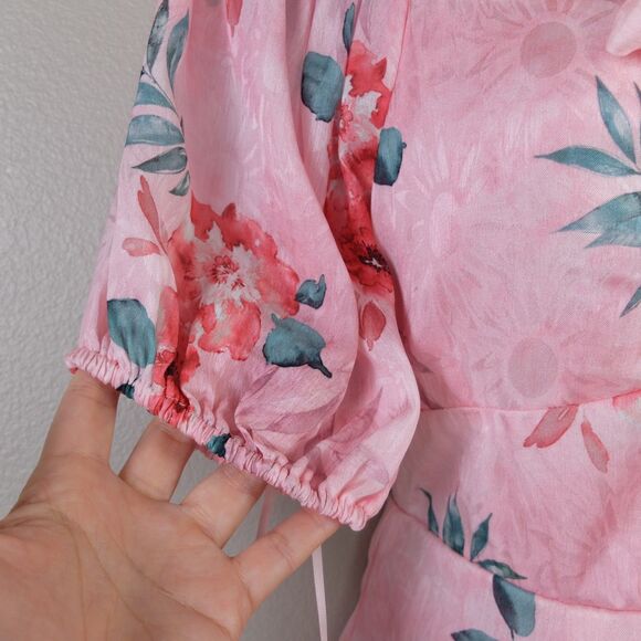 NSR Pink Floral Satin Dress Front Tie Smocked Back Dress Size Medium NWT - Picture 5 of 9